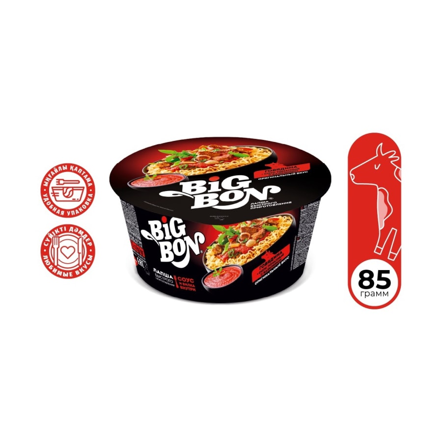 Big Bon лапша говядина cоус томатный с базиликом 85 г.